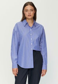 Gestreifte Hemdbluse in Blau und Weiß, mit klassischem Kragen, langen Ärmeln und lockerer Passform, aus leichtem Stoff.