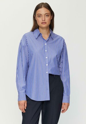 Gestreepte blouse in blauw en wit, met een klassieke kraag, lange mouwen en een losse pasvorm, gemaakt van lichtgewicht stof.