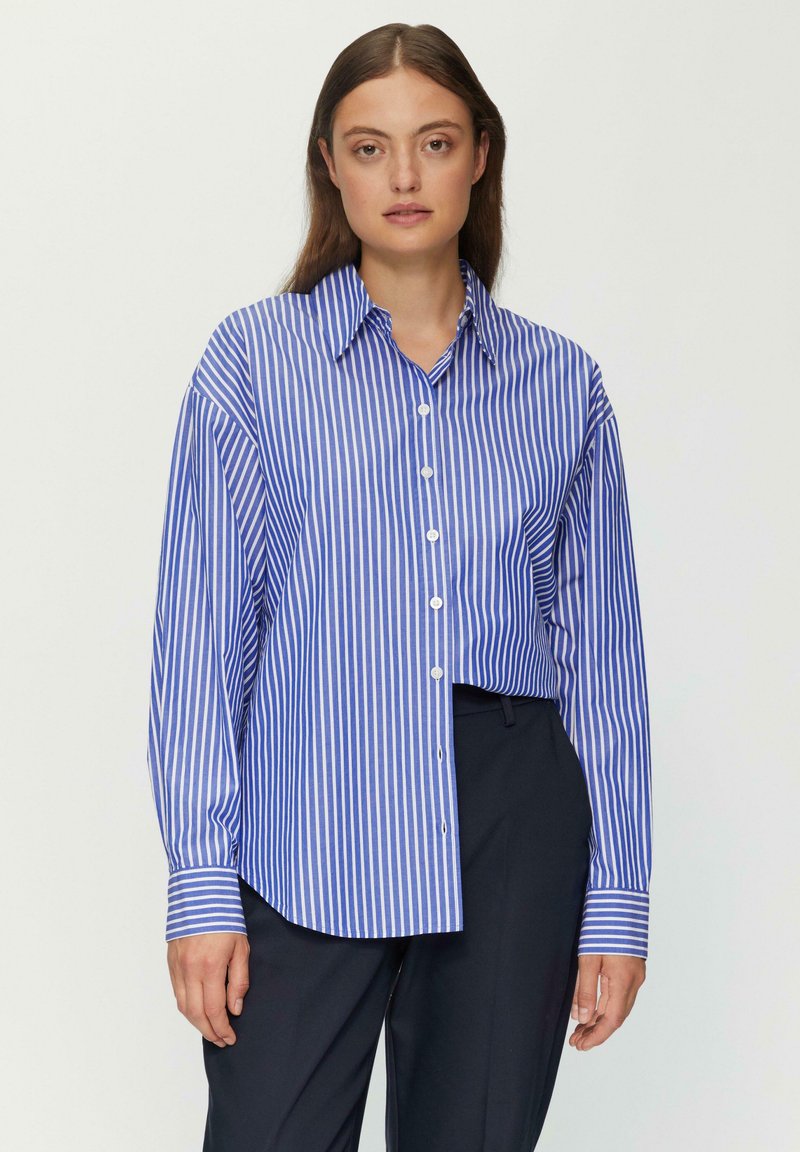 Gestreifte Hemdbluse in Blau und Weiß, mit klassischem Kragen, langen Ärmeln und lockerer Passform, aus leichtem Stoff.
