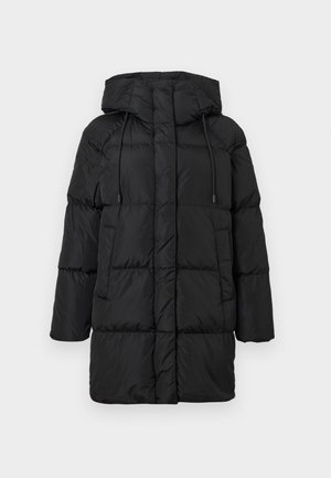 Black puffer coat with a hood, featuring a quilted design, two front pockets, and adjustable drawstrings at the neck. Water-resistant material.