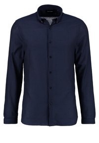 Camicia navy a maniche lunghe con un motivo testurizzato, colletto button-down e bottoni frontali. Realizzata in tessuto con una finitura liscia.