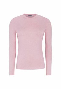 Long-sleeve pink T-shirt made of soft fabric, featuring a round neckline and a fitted design. No additional patterns or accents.