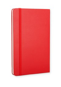 Quaderno rilegato rosso con finitura testurizzata, chiusura con elastico e bordi delle pagine bianchi a contrasto.