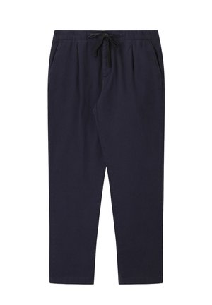 Marineblauwe casual broek met een trekkoord in de taille en zijzakken, rechte pijpen, gemaakt van lichte stof.