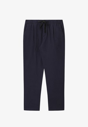 Marineblaue Freizeithose mit Kordelzug am Bund und seitlichen Taschen, gerader Beinverlauf, aus leichtem Stoff.