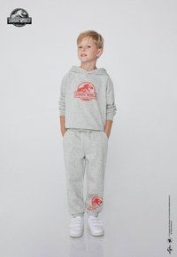 Szara bluza z kapturem z czerwonym logo Jurassic World, w połączeniu z dopasowanymi spodniami dresowymi z akcentem logo. Materiał wydaje się miękki i casualowy.