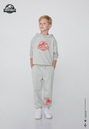 Grijze hoodie met een rood Jurassic World-logo, gecombineerd met bijpassende sweatpants met een acc entlogo. De stof lijkt zacht en casual.