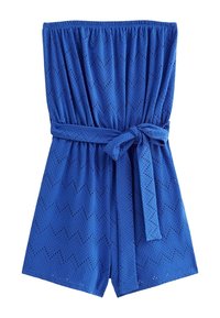 Bezramiowy niebieski kombinezon z tkaniny z dziurkami, w wzór zygzaków, elastyczną talią i paskiem do związania w talii.