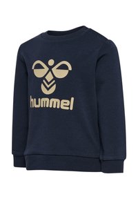 Sweatshirt marine en mélange de coton avec un col rond et des poignets côtelés. Présente un grand imprimé beige d'un logo avec une abeille et le nom de la marque.