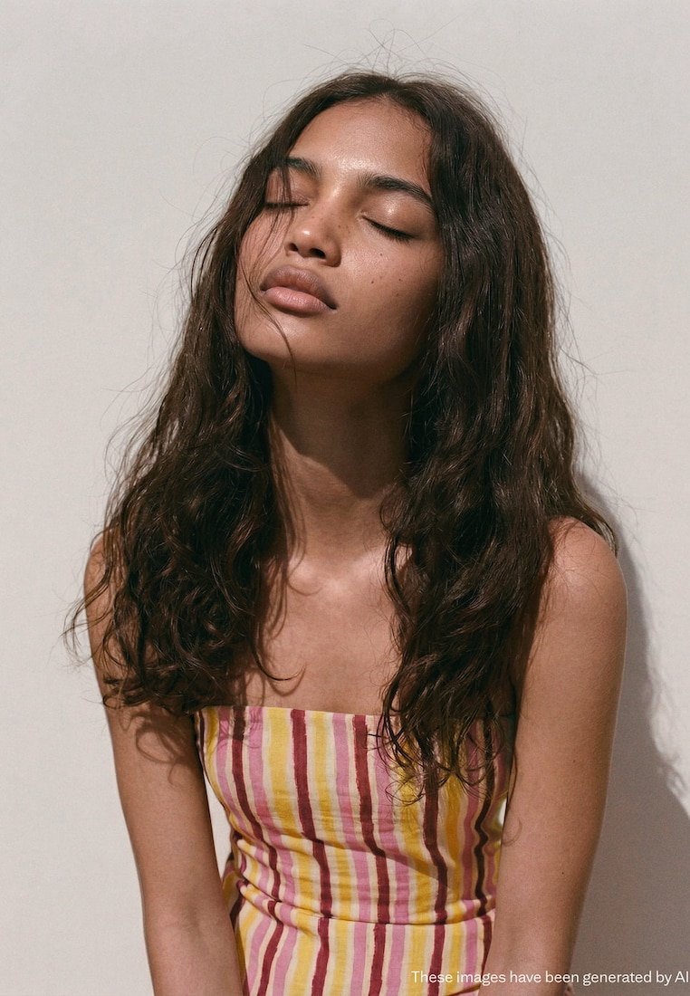 Jeune femme aux longs cheveux bruns ondulés, yeux fermés, portant une robe sans manches rayée, debout devant un fond clair uni.