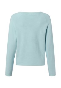 Lichtblauw top met lange mouwen en een boothals. Kenmerkt zich door een gladde textuur en geribbelde details op de stof. Rechte zoom ter hoogte van de taille.