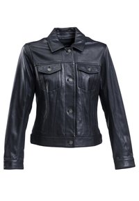 Schwarze Lederjacke mit kragenförmigem Ausschnitt, zwei Brusttaschen, Knopfverschluss und taillierter Passform. Glatte Textur und strukturierte Nähte.