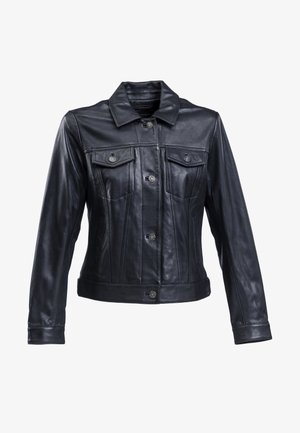 Melnas ādas jaka ar apkakles kakla līniju, divām krūšu kabatām, pogu aizdari un piegulīgu piegriezumu. Gluda tekstūra un strukturētas šuves.