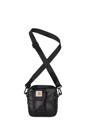 Borsa a tracolla nera realizzata in tessuto resistente, dotata di una tasca frontale con logo, chiusura con zip e tracolla regolabile. Forma rettangolare compatta.