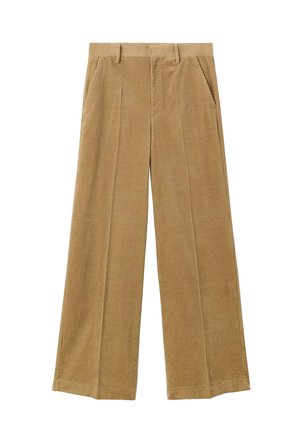 Pantalones de pana marrón claro con un diseño de pierna ancha, que presentan bolsillos laterales y cordones verticales para dar textura. La cinturilla ajustada completa el look.