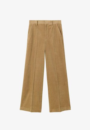 Pantaloni in corduroy marrone chiaro con design a gamba larga, dotati di tasche laterali e righe verticali per texture. La vita sagomata completa l'aspetto.