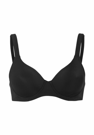 Svart bh i slät tyg, med formade kupor, justerbara axelband och utan synlig hårdvara eller dekorationer.