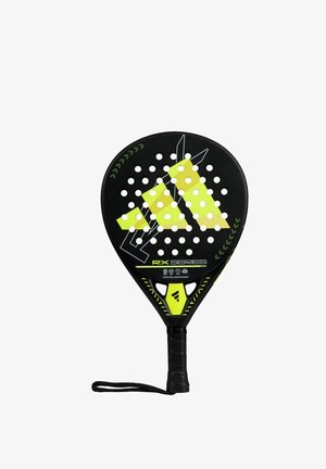 Black paddle with a rounded head, yellow accents, and white perforations. Features a textured handle and bold graphic design. RX Series branding visible.