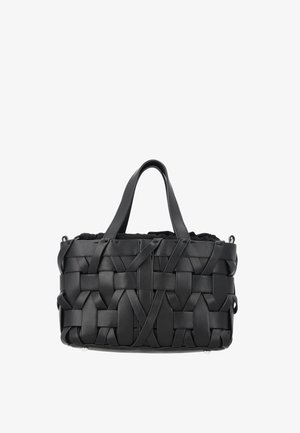 Schwarze Lederhandtasche mit breiten gewebten Riemen, die ein geometrisches Muster bilden, doppelten oberen Griffen und einem gerafften Stofffutter innen.