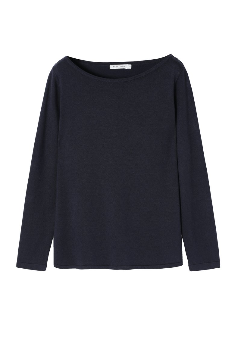 Granatowy top z długimi rękawami, okrągłym dekoltem, miękkiego materiału, luźny krój i boczne szwy, z czystymi szwami i bez widocznych wzorów czy akcentów.