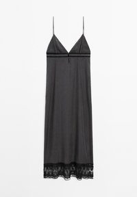 Black nightgown with adjustable straps, satin-like material, lace trim at the hem, and a subtle V-neck line with a center accent.