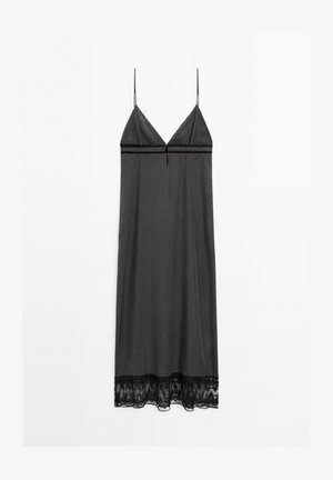 Black nightgown with adjustable straps, satin-like material, lace trim at the hem, and a subtle V-neck line with a center accent.