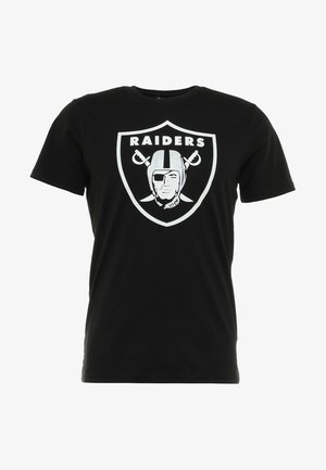 Schwarzes Baumwoll-T-Shirt mit einem großen weißen Raiders-Logo, schildförmig, Helm-Grafik und stilisiertem Text über dem Logo.