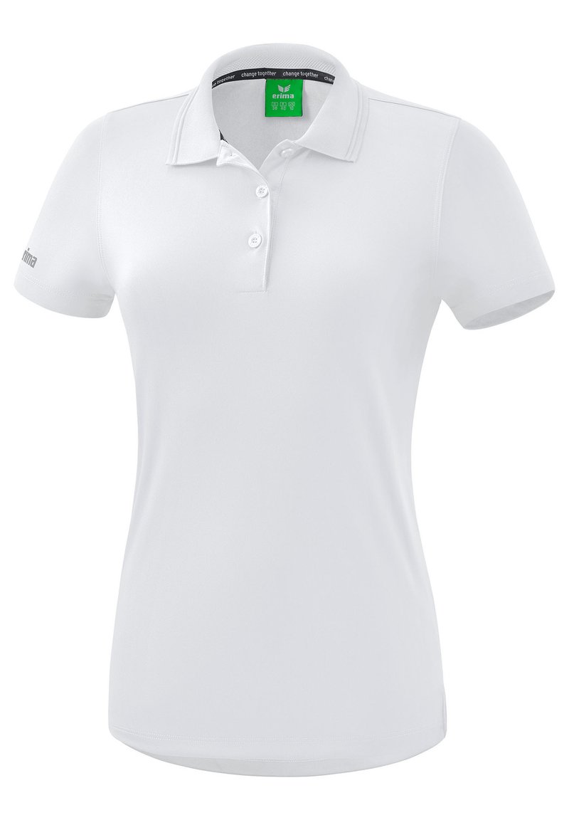 Polo shirt bianco da donna con maniche corte, tre bottoni e un'etichetta verde sotto il colletto che riporta la scritta "erima."