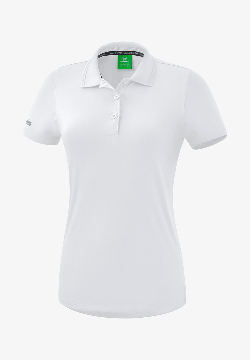 Polo shirt bianco da donna con maniche corte, tre bottoni e un'etichetta verde sotto il colletto che riporta la scritta "erima."