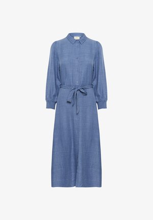 Blaues Chambray-Hemdkleid mit langen Puffärmeln, Knopfschluss, einem Bindegürtel in der Taille und einer knielangen, geraden Silhouette.