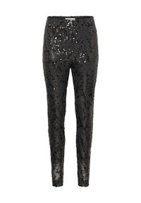 Črne hlače s sekvenci, s prilegajočo obliko, ki imajo teksturiran videz in gladek pas. Površina ima sijoč končni obdelavo.