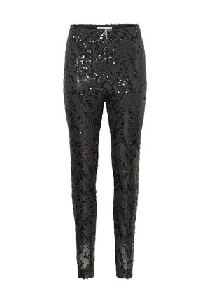 Pantaloni neri in paillettes con un design aderente, caratterizzati da un aspetto testurizzato e una cintura liscia. La superficie presenta una finitura scintillante.