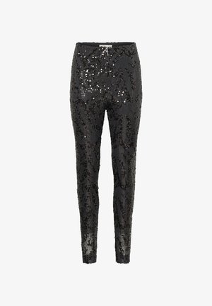 Schwarze Paillettenhose mit tailliertem Design, die eine strukturierte Optik und einen glatten Bund aufweist. Die Oberfläche hat einen schimmernden Glanz.