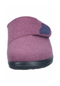 Purple felt slipper with a rounded toe, Velcro strap, and black rubber sole. Features a textured surface and simple stitching details.