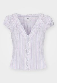 Kortärmad skjorta med knappar i ljusrosa och vita ränder, med en volangkrage och strukturerad tyg.