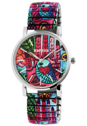 Runde Uhr mit buntem Vogel- und Handdesign auf pinkem Hintergrund. Silbernes Gehäuse und Zeiger, mit einem gemusterten Armband in lebhaften Farben.