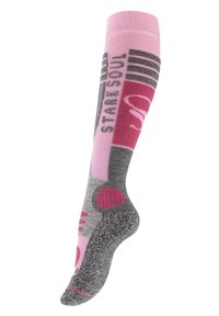 Calze alte fino al ginocchio caratterizzate da una combinazione di colori rosa e grigio, decorate con cerchi e righe, e lavorate a maglia per il massimo comfort.