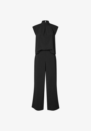 Tuta nera con colletto alto, design senza maniche e pantaloni a gamba larga. Tessuto morbido con una leggera lucentezza e un dettaglio plissè sul davanti.