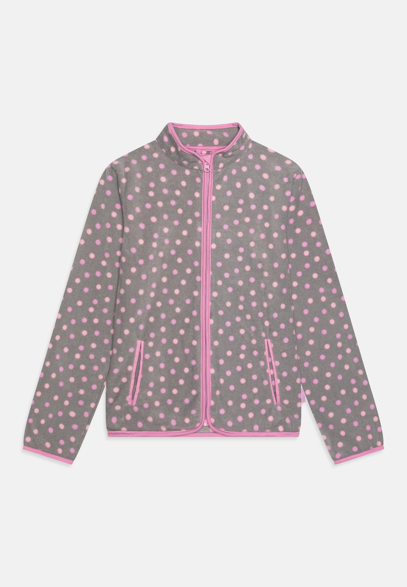 Gray fleece jacket with pink polka dots, zip-front closure, and pink trim. Features two side pockets and a high neckline.