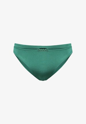 Groene bikini onderkant gemaakt van glanzend materiaal, met een subtiele glans, elastische tailleband en decoratieve parelaccent aan de voorkant.