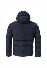 Dunkelblaue Steppjacke mit Kapuze, ausgestattet mit einem gesteppten Design, horizontalen Nähten und einer glatten Textur. Rückansicht dargestellt.