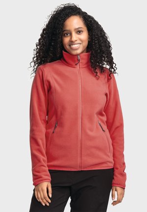 Fleecejacke in Koralle mit hohem Kragen, Reißverschluss und zwei seitlichen Taschen, mit glatter Textur und kontrastierenden Reißverschlüssen.