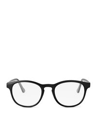 Black rectangular eyeglasses with clear lenses. Plastic frame with smooth texture. Thin grey arms extend from the frame. Simple design.