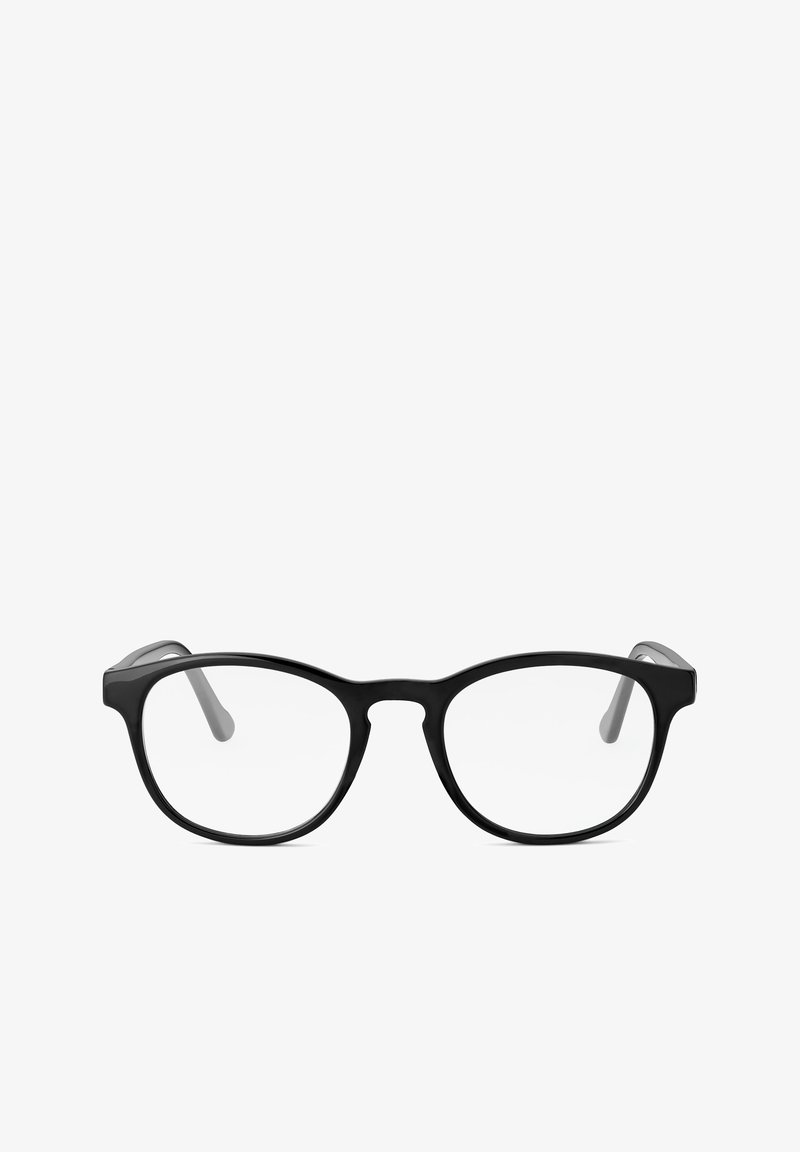 Black rectangular eyeglasses with clear lenses. Plastic frame with smooth texture. Thin grey arms extend from the frame. Simple design.