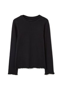 Zwarte top met lange mouwen gemaakt van geribd stof, voorzien van een ronde hals en onafgewerkte randen. Eenvoudig ontwerp met minimale details.