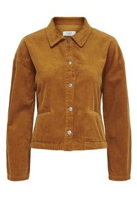 Giacca in corduroy giallo senape, con colletto, cinque bottoni frontali e due tasche laterali. Texture a coste su tutto il capo.