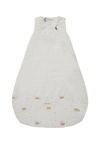 Weißer Schlafsack mit einem Reißverschluss vorne, verziert mit einer hellgrünen Fuchs-Stickerei und einem gemusterten unteren Abschnitt mit Füchsen und bunten Punkten.