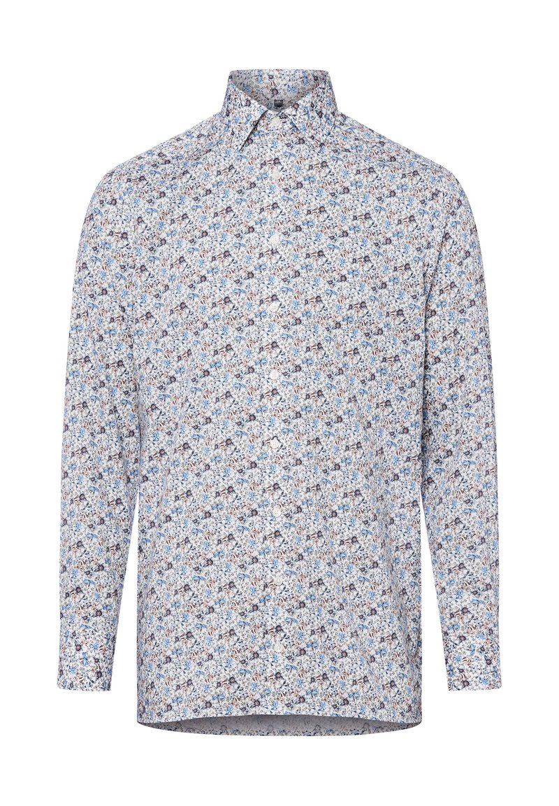 Camicetta a maniche lunghe in azzurro chiaro con un motivo floreale che presenta piccoli fiori marroni e blu. Colletto con bottoni e orlo curvo. Tessuto di cotone.
