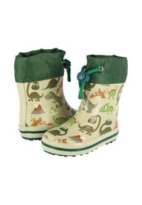 Bottes en caoutchouc avec une surface beige ornée de motifs de dinosaures colorés, des poignets en tissu vert et des cordons ajustables pour un meilleur maintien.