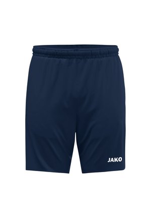 Pantaloncini sportivi blu navy con vita elastica e logo bianco "JAKO" sulla parte inferiore della gamba destra.